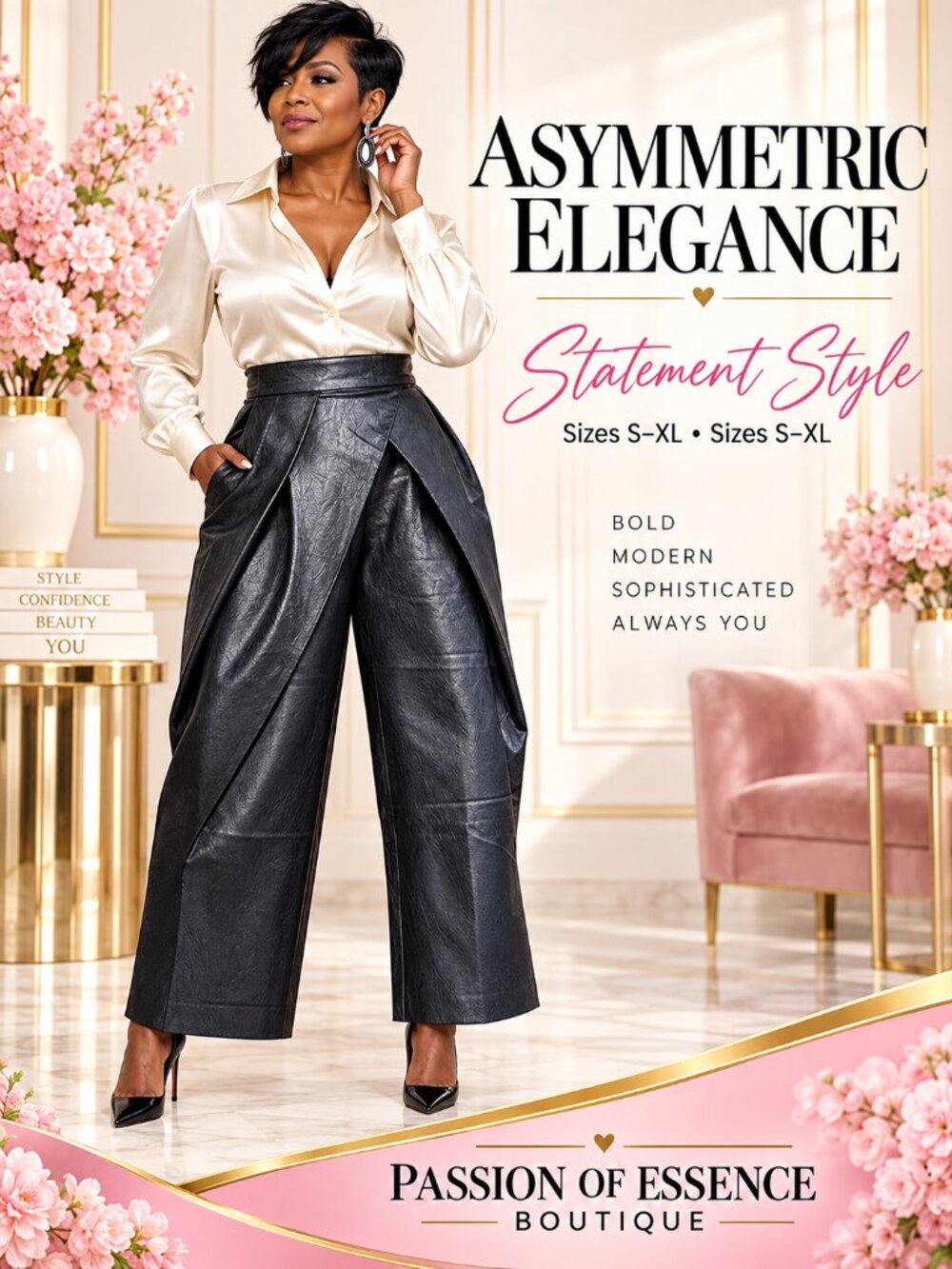 Black Faux Leather Asymmetric High-Waist Wide-Leg Pants
